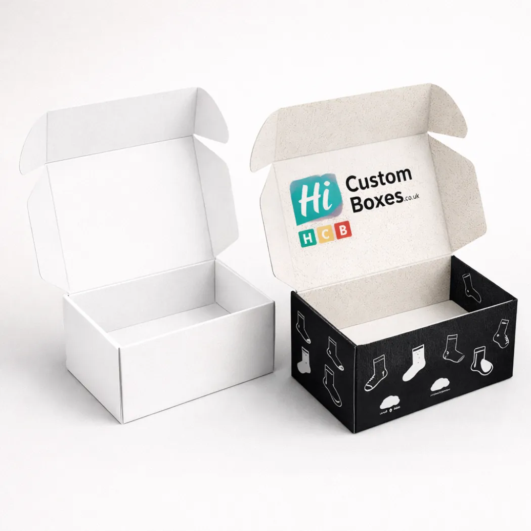 Open mailer style boxes showing a plain white interior and a custom printed black exterior- class=